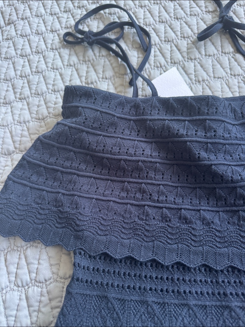 Milly Women's Ruffle Yoke Pointelle Knit Short Sheath Dress Navy Blue Size M - Picture 7 of 9
